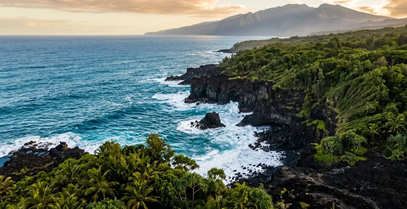 Vue aérienne de la côte sauvage du Sud de La Réunion avec falaises de basalte noir et océan turquoise