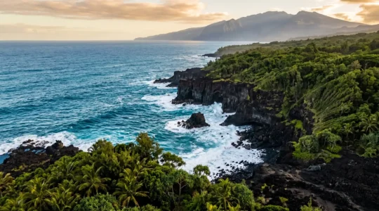 Vue aérienne de la côte sauvage du Sud de La Réunion avec falaises de basalte noir et océan turquoise