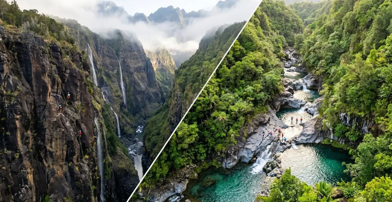 Vue aérienne spectaculaire de deux canyons de La Réunion avec cascades et bassins turquoise entourés de végétation tropicale luxuriante
