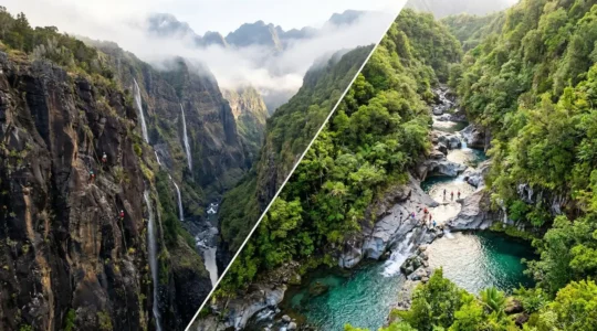 Vue aérienne spectaculaire de deux canyons de La Réunion avec cascades et bassins turquoise entourés de végétation tropicale luxuriante