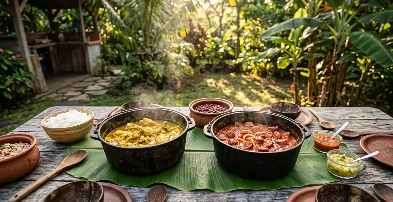 Table créole avec cari poulet et rougail saucisse servis dans des marmites en fonte