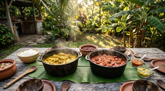 Table créole avec cari poulet et rougail saucisse servis dans des marmites en fonte