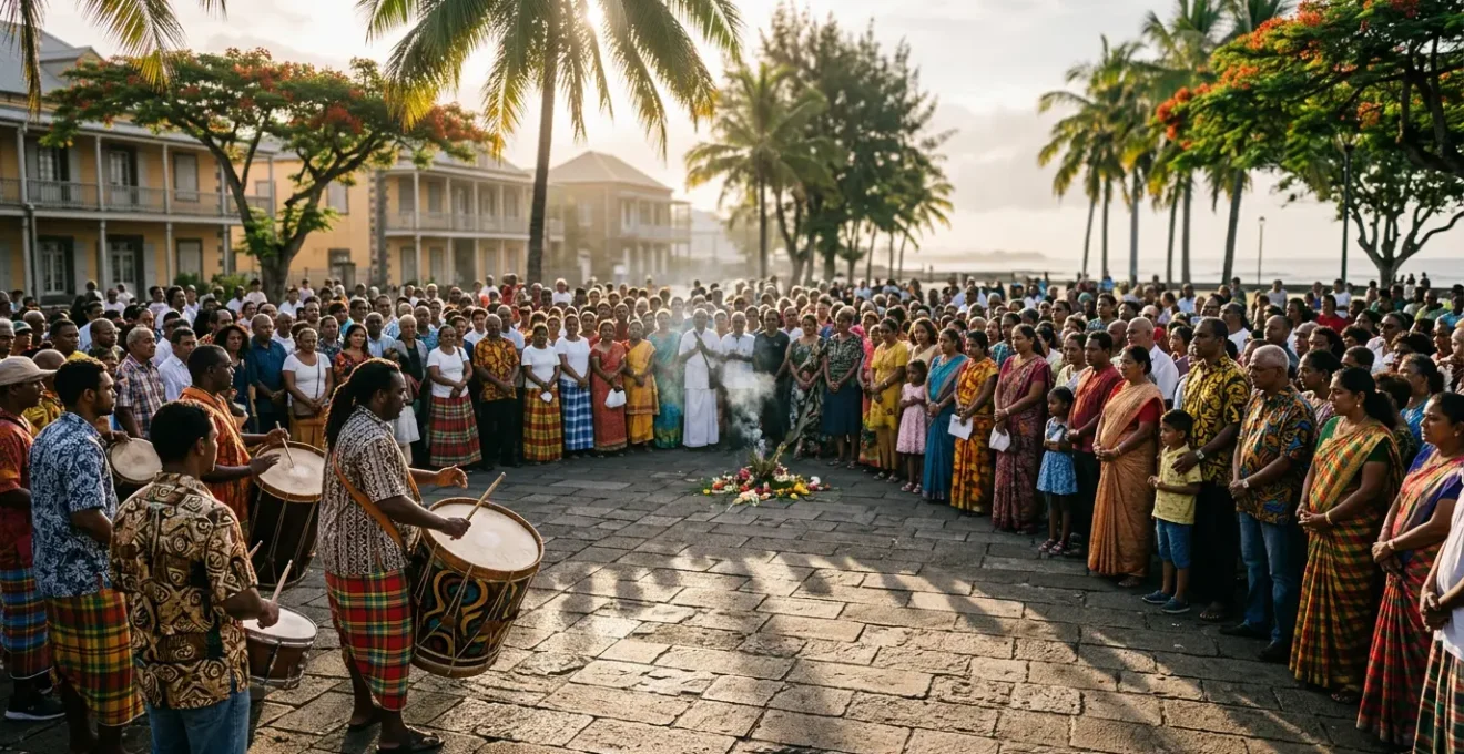 Cérémonie de commémoration du 20 Désamb' sur une place publique réunionnaise avec foule multiculturelle