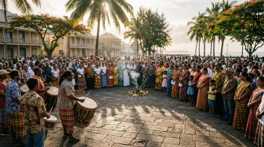 Cérémonie de commémoration du 20 Désamb' sur une place publique réunionnaise avec foule multiculturelle