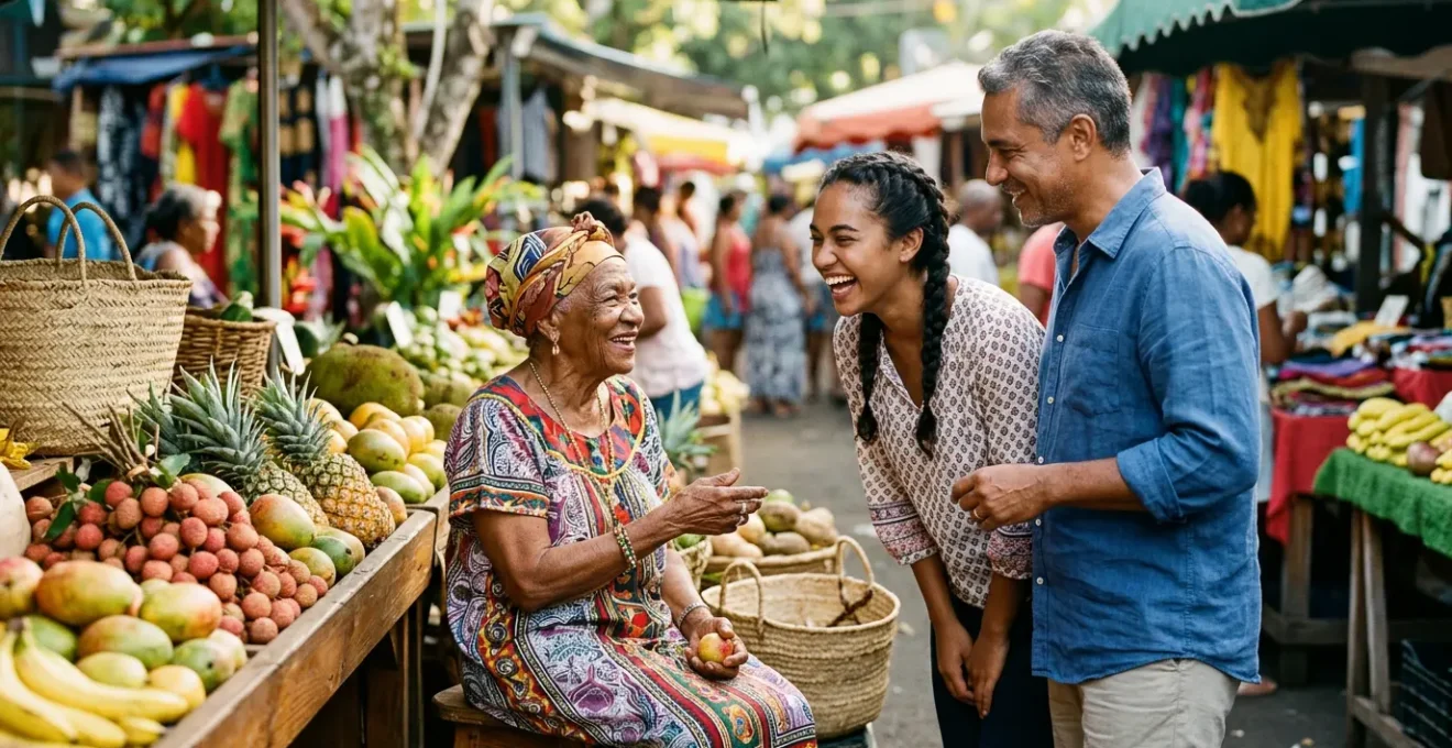 Rencontre chaleureuse entre Réunionnais de différentes générations dans un marché local coloré