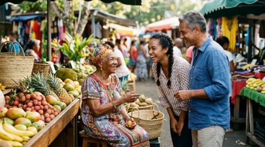 Rencontre chaleureuse entre Réunionnais de différentes générations dans un marché local coloré