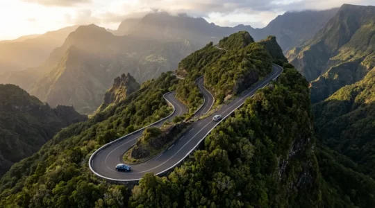 Vue aérienne d'une route sinueuse de montagne à La Réunion avec deux types de véhicules
