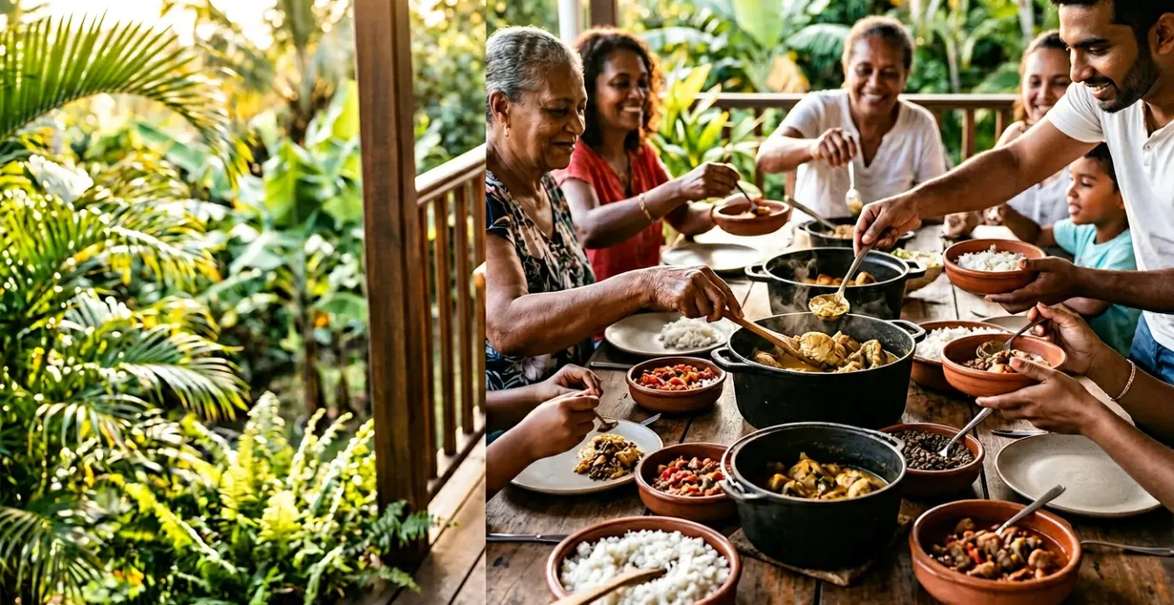 Table créole garnie de plats typiques réunionnais avec mains de différentes origines partageant le repas