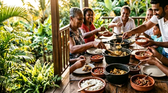 Table créole garnie de plats typiques réunionnais avec mains de différentes origines partageant le repas