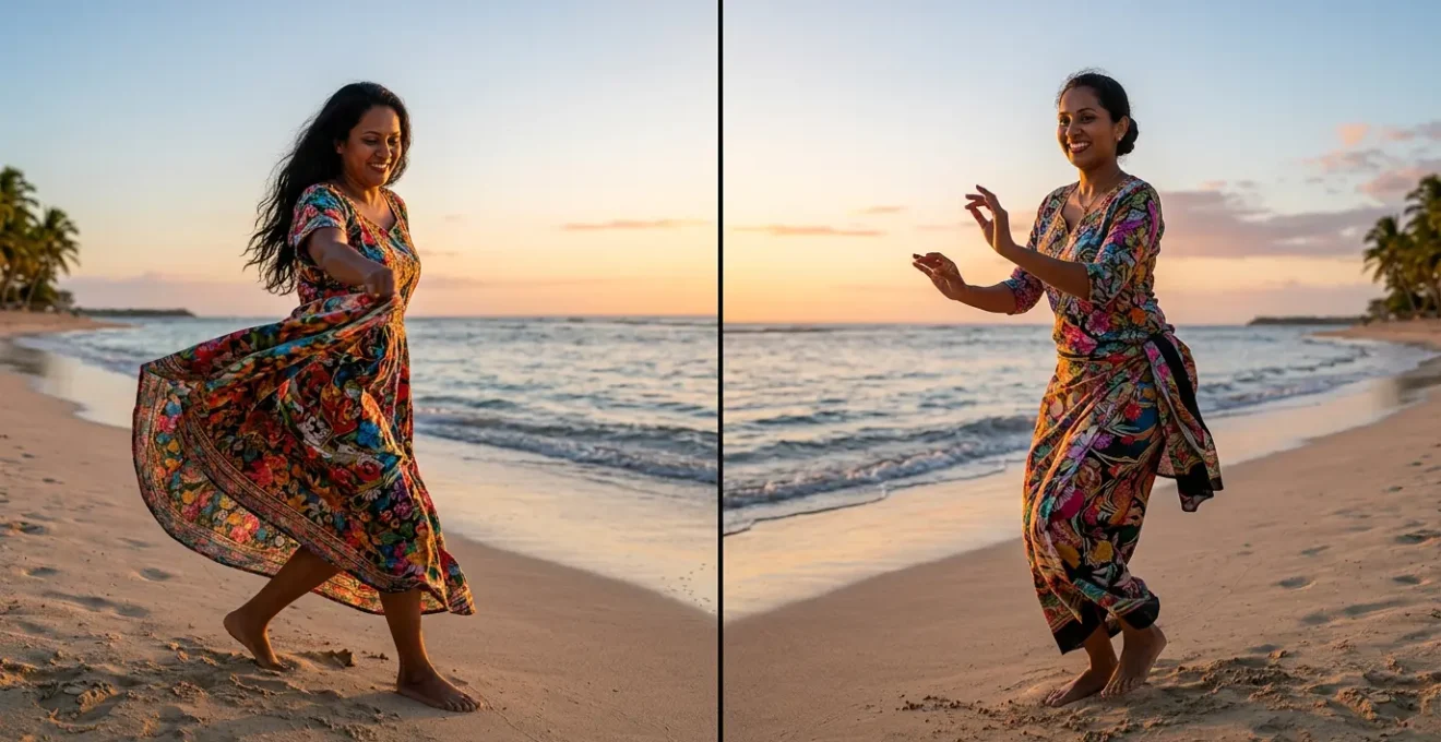 Deux danseurs de séga en mouvement, l'un avec le style réunionnais et l'autre avec le style mauricien, sur une plage au coucher du soleil
