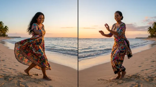 Deux danseurs de séga en mouvement, l'un avec le style réunionnais et l'autre avec le style mauricien, sur une plage au coucher du soleil