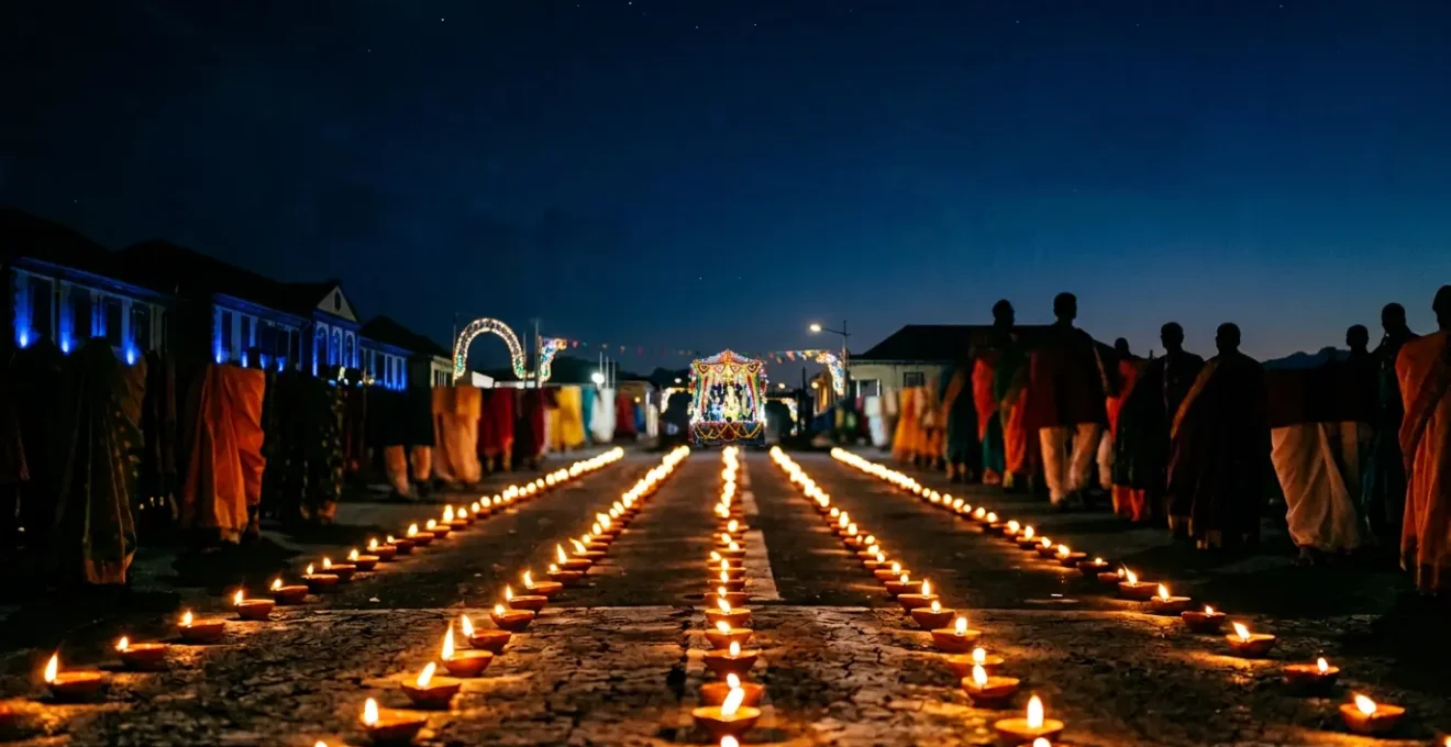 Défilé nocturne du Dipavali à Saint-André avec des lampes à huile et chars illuminés