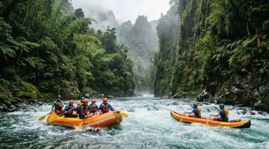 Comparaison visuelle entre un raft de groupe et un canoraft biplace sur les eaux vives de la rivière tropicale