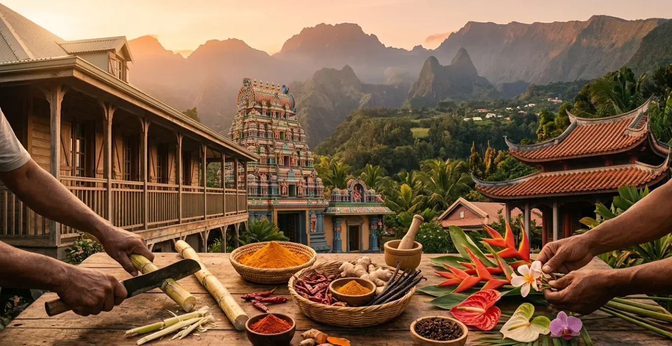 Mosaïque culturelle de La Réunion illustrant l'héritage de l'engagisme avec des éléments architecturaux et humains diversifiés