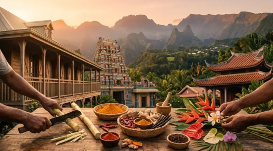 Mosaïque culturelle de La Réunion illustrant l'héritage de l'engagisme avec des éléments architecturaux et humains diversifiés