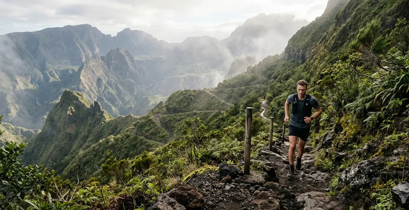 Coureur en trail sur sentier volcanique de La Réunion avec dénivelé important et végétation tropicale
