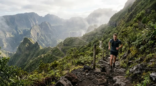 Coureur en trail sur sentier volcanique de La Réunion avec dénivelé important et végétation tropicale