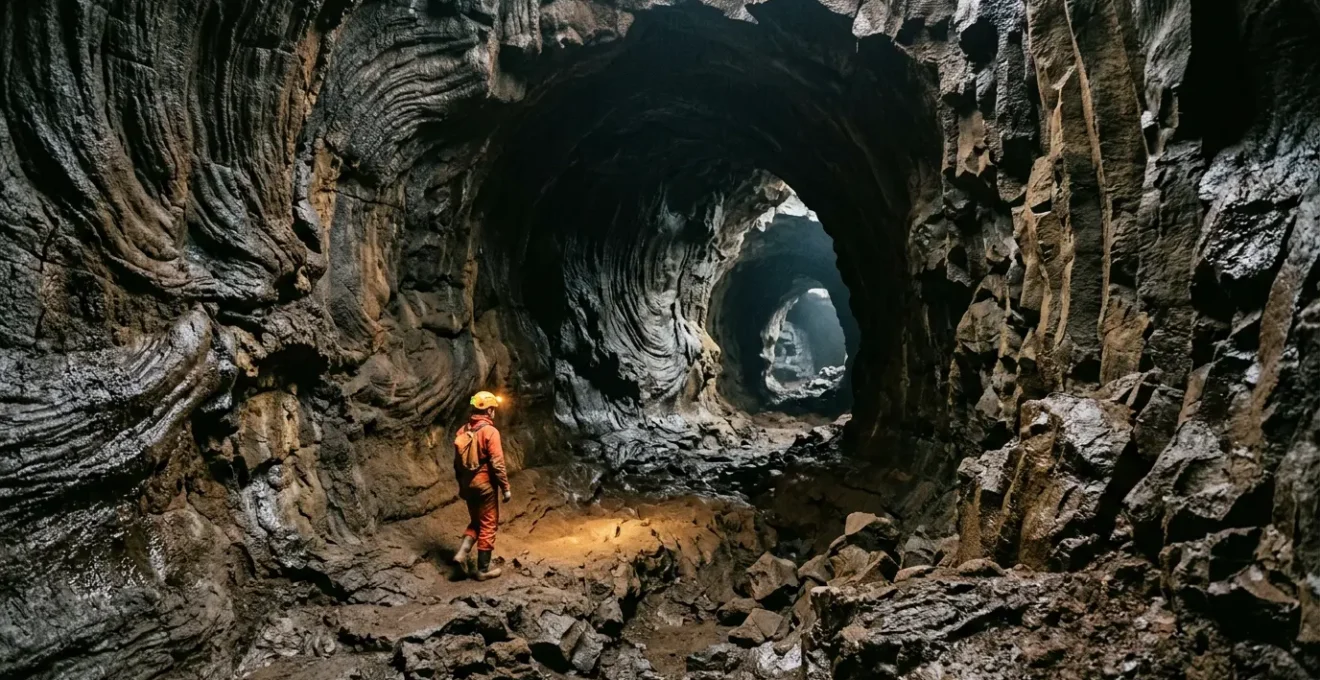 Explorateur équipé de matériel de spéléologie progressant dans un tunnel de lave volcanique aux reflets brillants