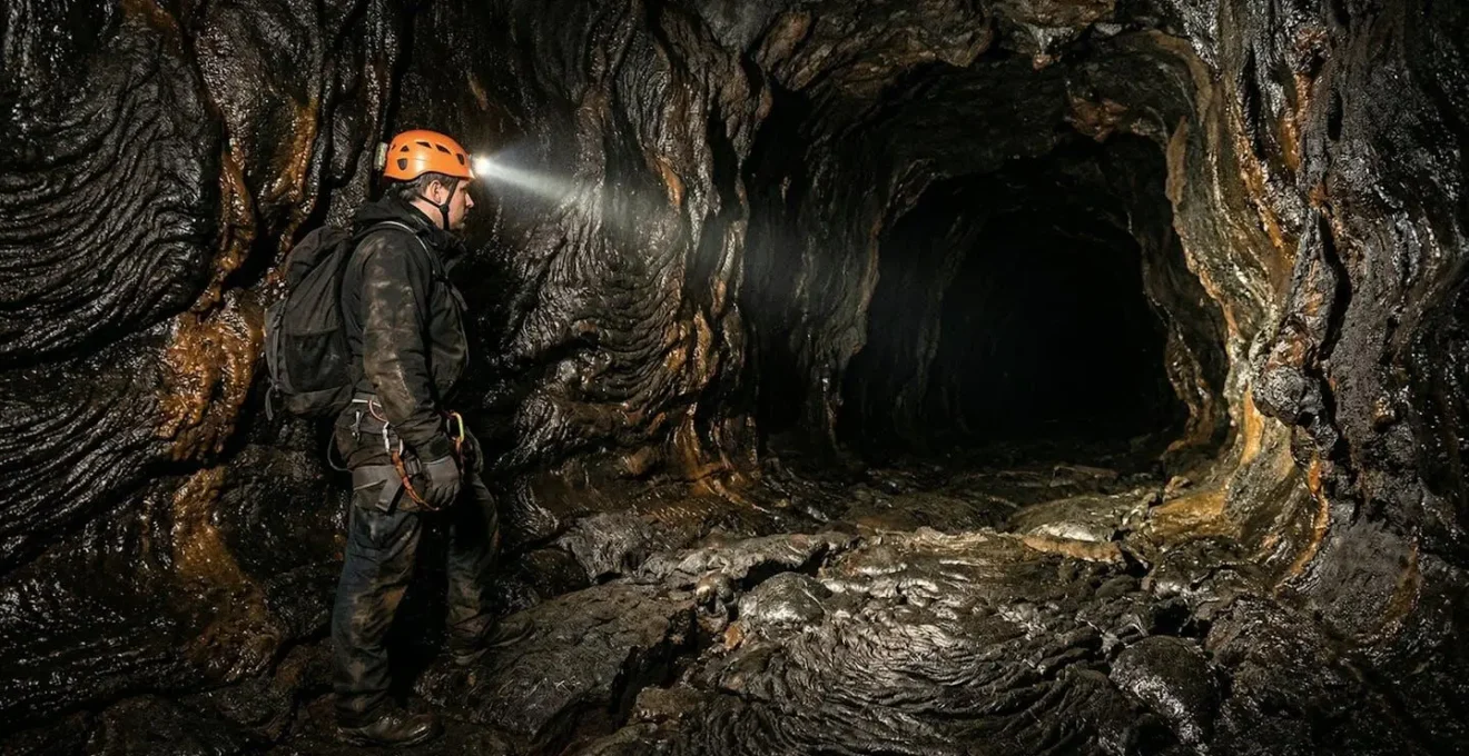 Explorateur avec lampe frontale illuminant les parois vitrifiées d'un tunnel de lave volcanique