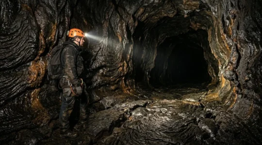 Explorateur avec lampe frontale illuminant les parois vitrifiées d'un tunnel de lave volcanique