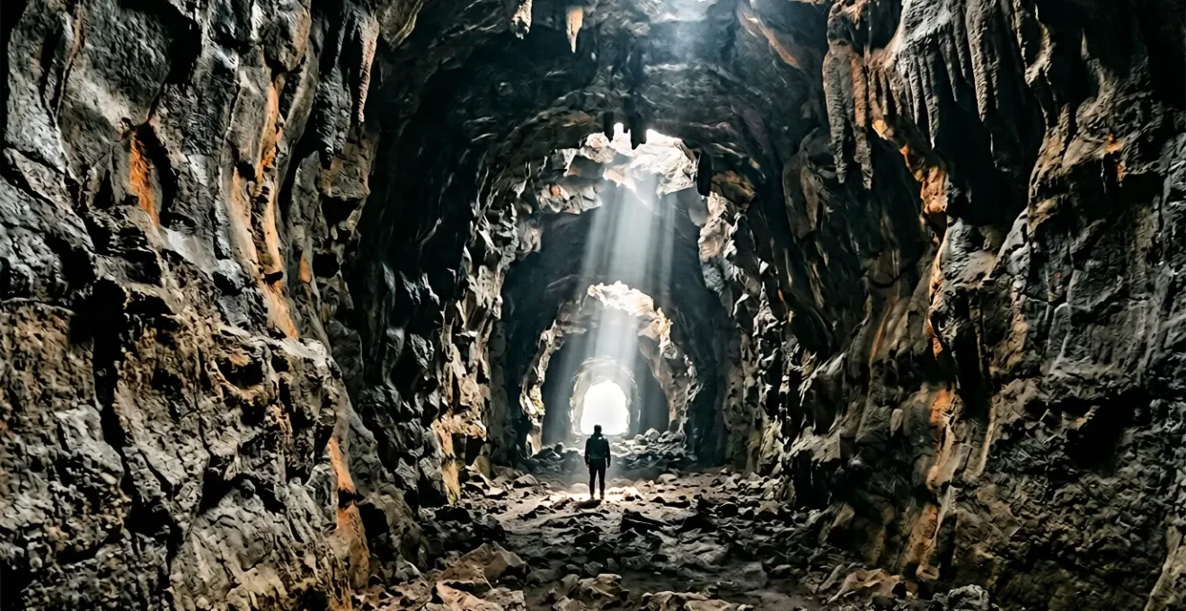 Exploration d'un tunnel de lave à La Réunion avec jeux de lumière sur les formations volcaniques