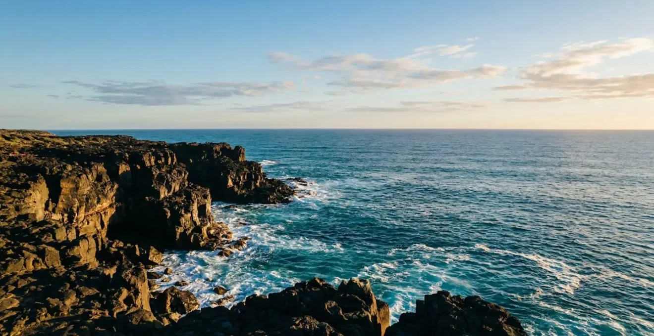Vue panoramique des falaises de lave noire plongeant dans l'océan turquoise à La Réunion