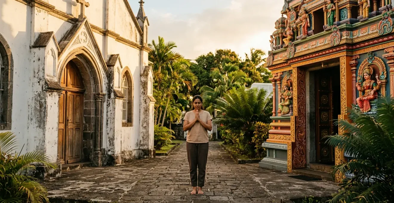 Un fidèle en prière entre une église catholique et un temple tamoul coloré à La Réunion, symbolisant la double pratique religieuse