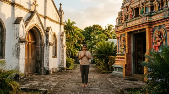 Un fidèle en prière entre une église catholique et un temple tamoul coloré à La Réunion, symbolisant la double pratique religieuse