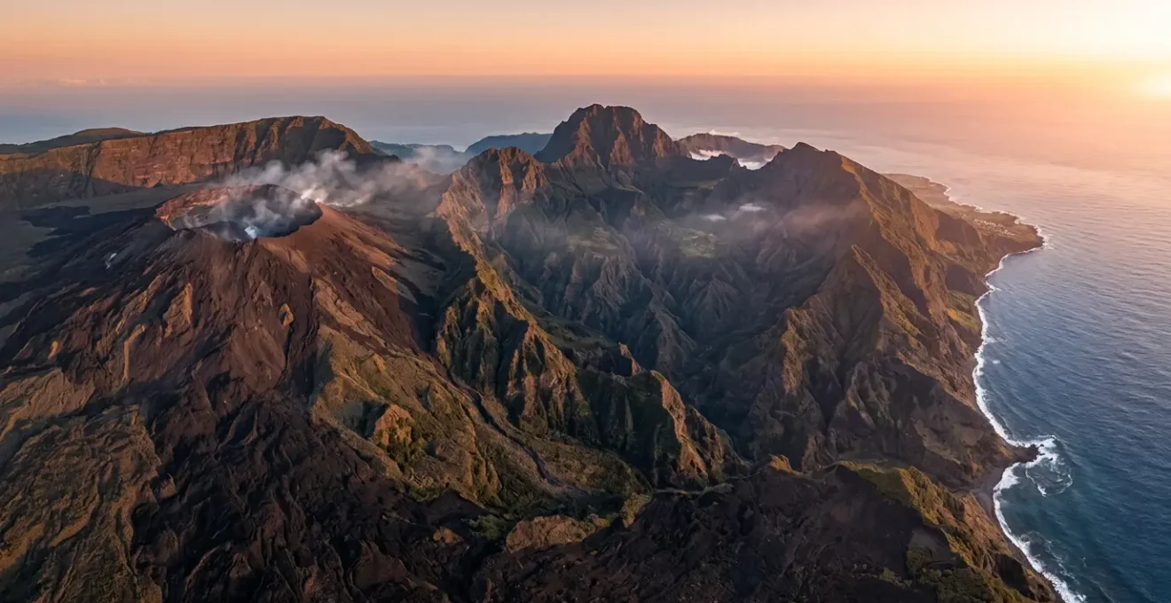 Vue panoramique aérienne de l'île de La Réunion montrant le Piton de la Fournaise actif et les cirques érodés