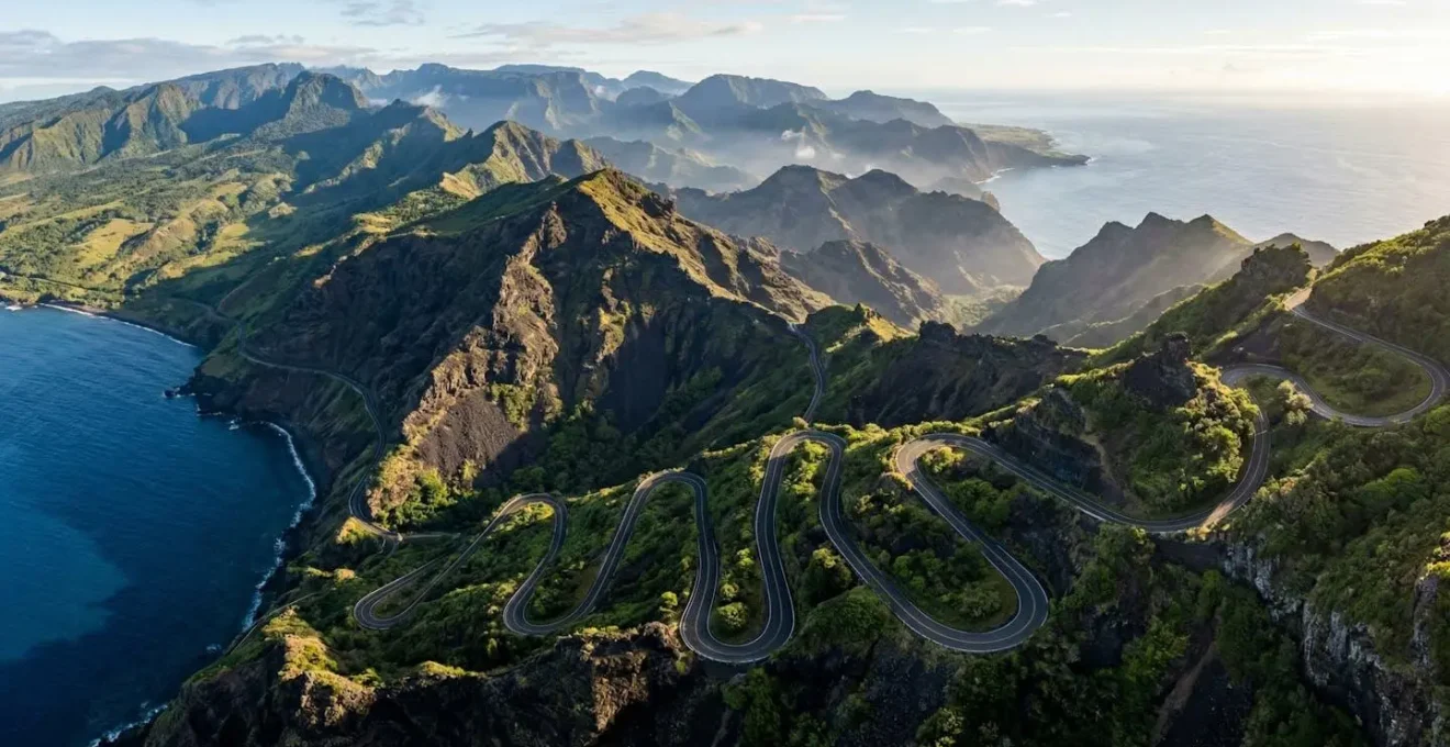 Vue aérienne d'une île volcanique avec routes sinueuses serpentant entre mer turquoise et sommets verdoyants