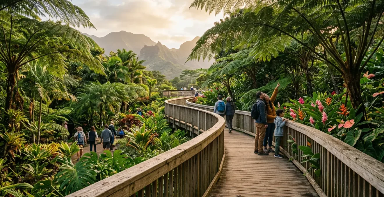 Vue panoramique d'un jardin botanique tropical avec sentiers accessibles, familles observant des plantes endémiques sous l'ombre de grands arbres