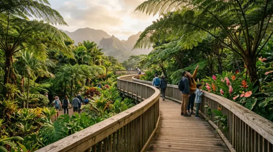 Vue panoramique d'un jardin botanique tropical avec sentiers accessibles, familles observant des plantes endémiques sous l'ombre de grands arbres