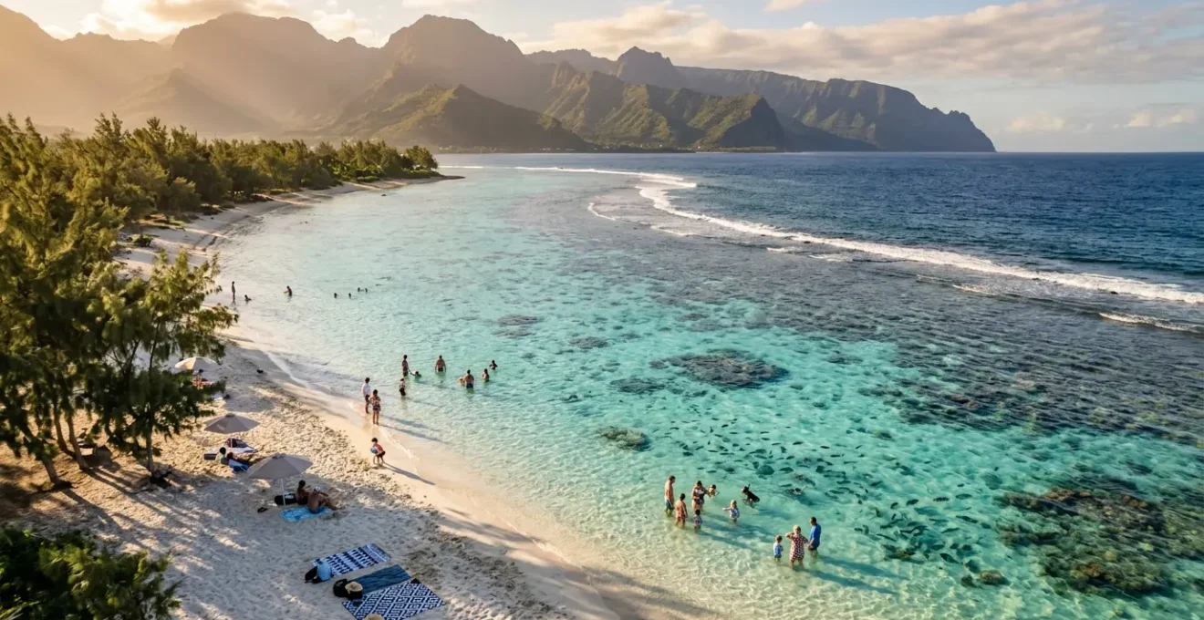 Vue panoramique d'un lagon turquoise à La Réunion avec familles se baignant en sécurité