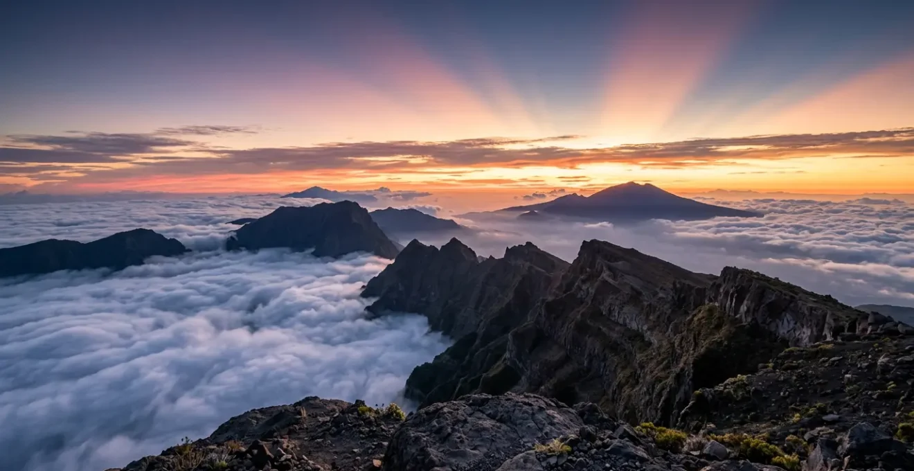 Vue panoramique d'un lever de soleil sur les montagnes de La Réunion avec mer de nuages