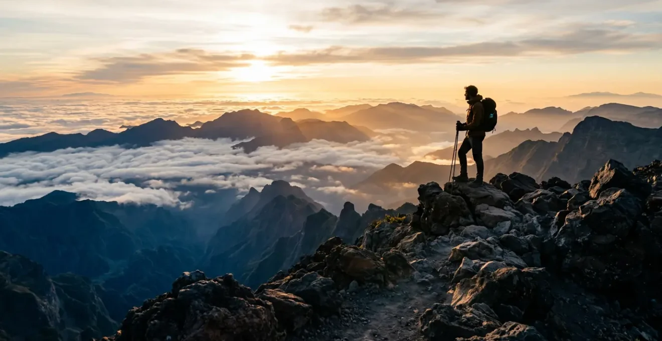 Randonneur contemplant le lever du soleil depuis le sommet du Piton des Neiges avec vue panoramique sur les cirques