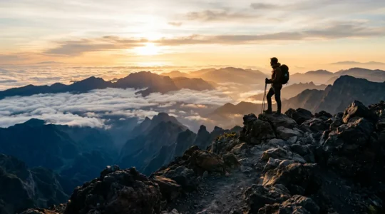 Randonneur contemplant le lever du soleil depuis le sommet du Piton des Neiges avec vue panoramique sur les cirques