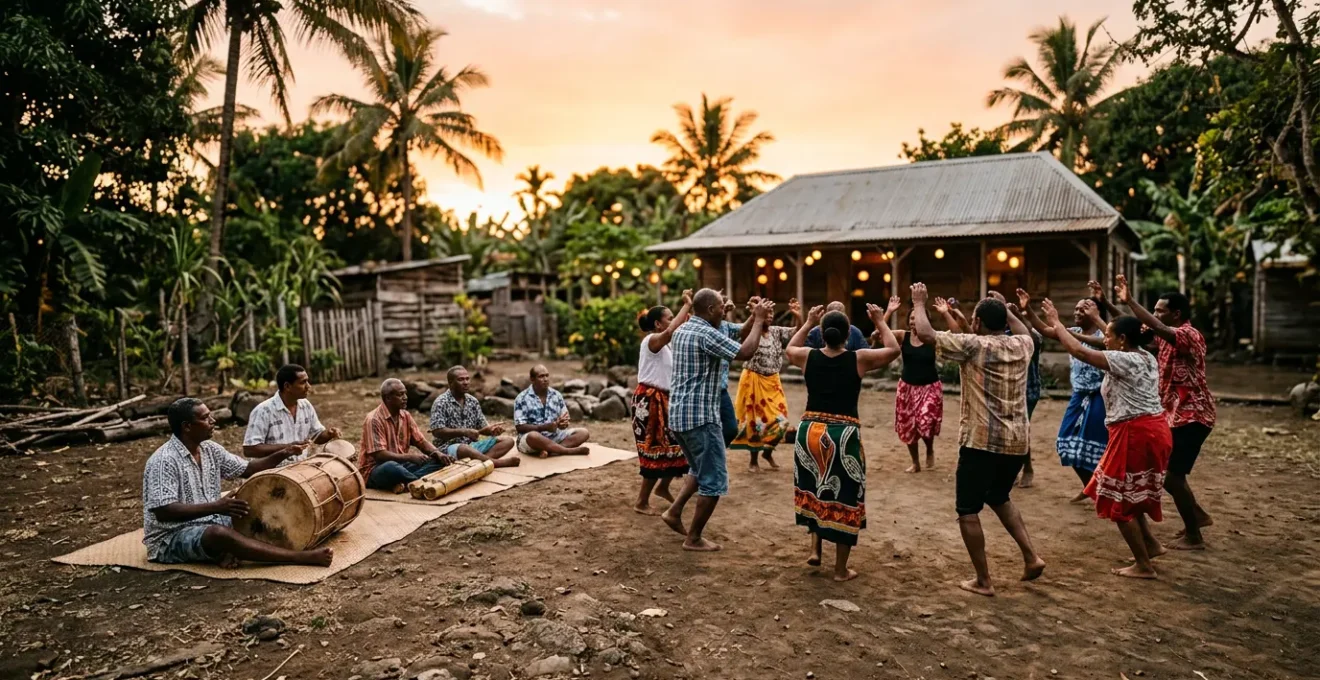 Scène de kabar maloya authentique à La Réunion avec musiciens et danseurs dans la lumière dorée du crépuscule