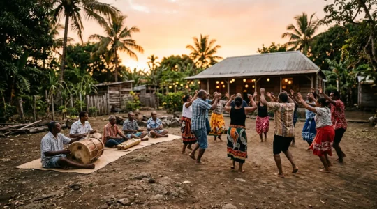 Scène de kabar maloya authentique à La Réunion avec musiciens et danseurs dans la lumière dorée du crépuscule