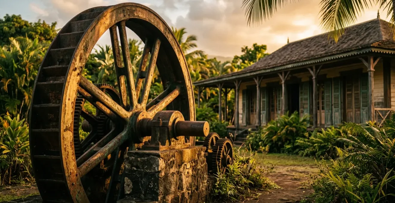 Ancienne machine sucrière industrielle dans une usine coloniale de La Réunion avec architecture créole en arrière-plan