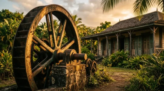 Ancienne machine sucrière industrielle dans une usine coloniale de La Réunion avec architecture créole en arrière-plan