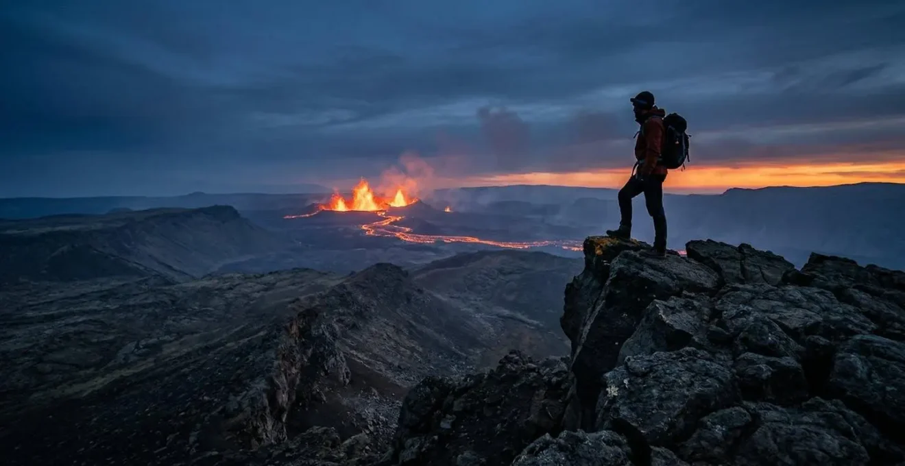Observateur en position sécurisée contemplant une éruption volcanique nocturne avec équipement adapté