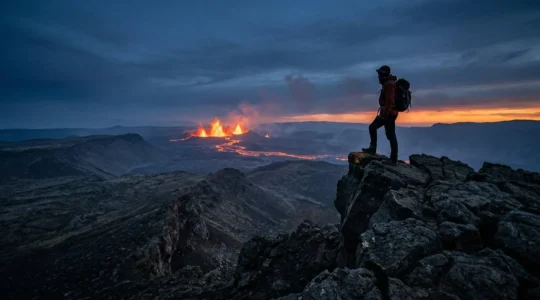 Observateur en position sécurisée contemplant une éruption volcanique nocturne avec équipement adapté