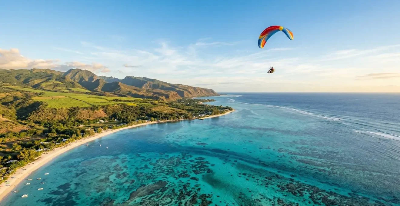 Vue aérienne d'un parapentiste survolant le lagon turquoise de Saint-Leu à La Réunion