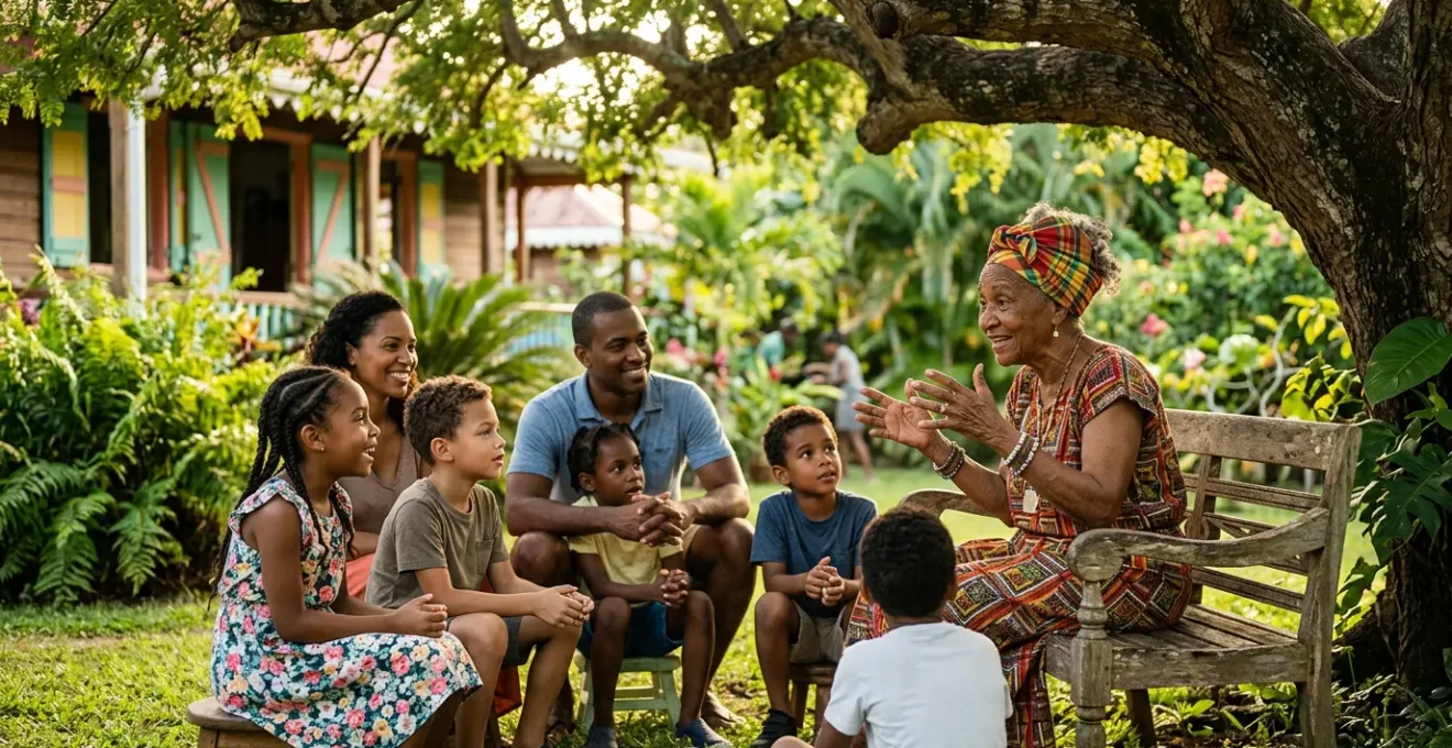 Portrait d'une conteuse créole partageant les traditions vivantes avec les générations futures