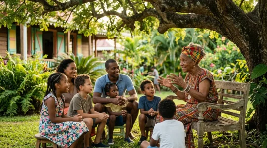 Portrait d'une conteuse créole partageant les traditions vivantes avec les générations futures