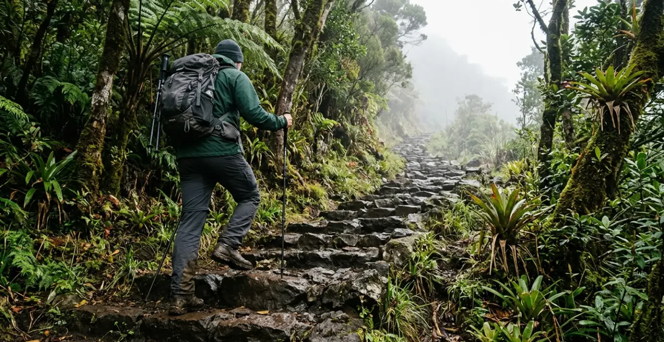 Randonneur avec bâtons de marche sur un sentier volcanique escarpé avec végétation tropicale luxuriante