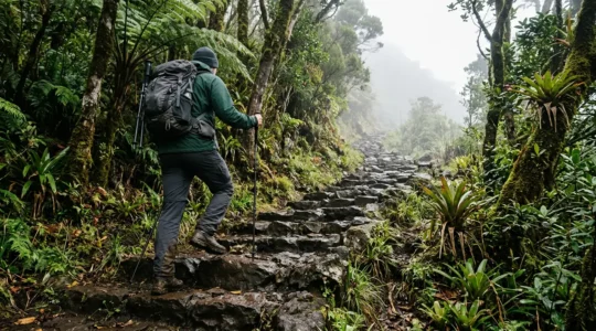 Randonneur avec bâtons de marche sur un sentier volcanique escarpé avec végétation tropicale luxuriante
