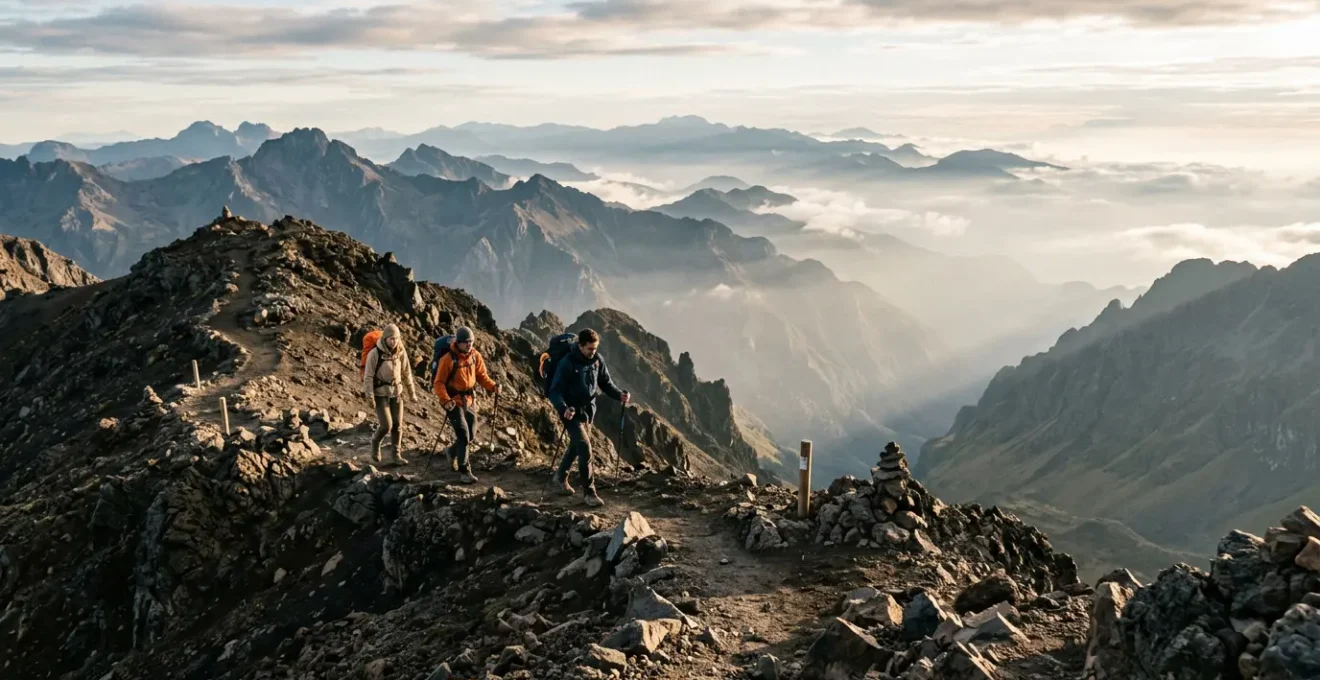 Randonneurs en équipement de trek sur le sentier GR R2 avec vue panoramique sur les cirques de La Réunion