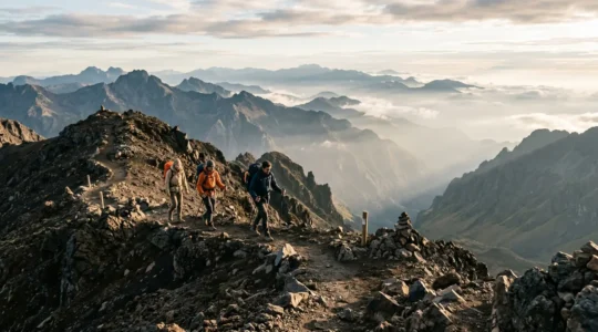 Randonneurs en équipement de trek sur le sentier GR R2 avec vue panoramique sur les cirques de La Réunion
