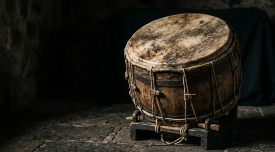 Roulèr traditionnel de La Réunion en gros plan avec la peau de bœuf tendue et les cordages